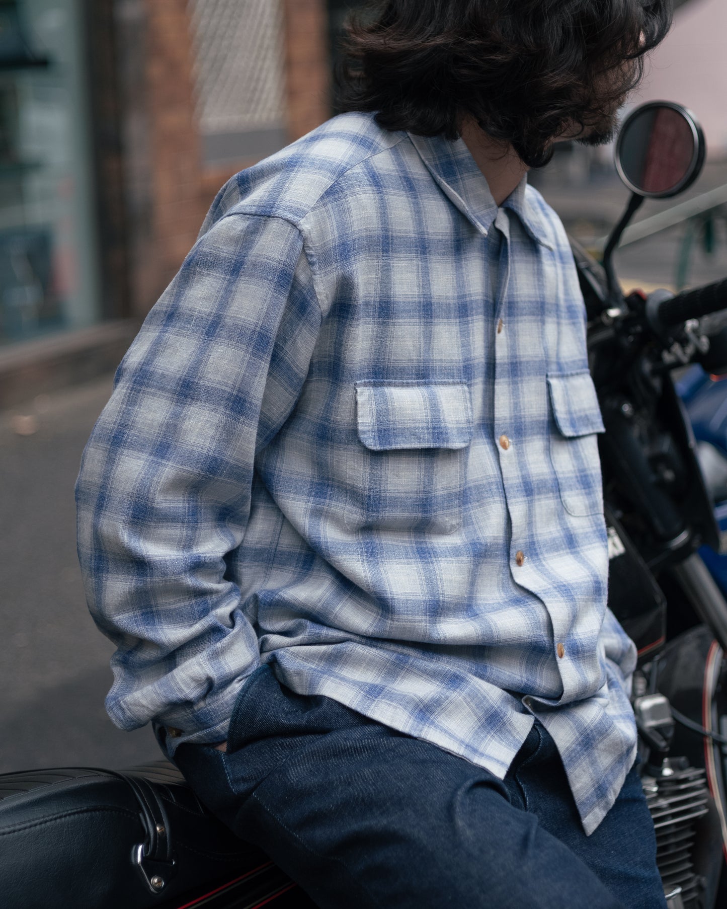 Ombre Check Open Collar Shirt / Light Blue